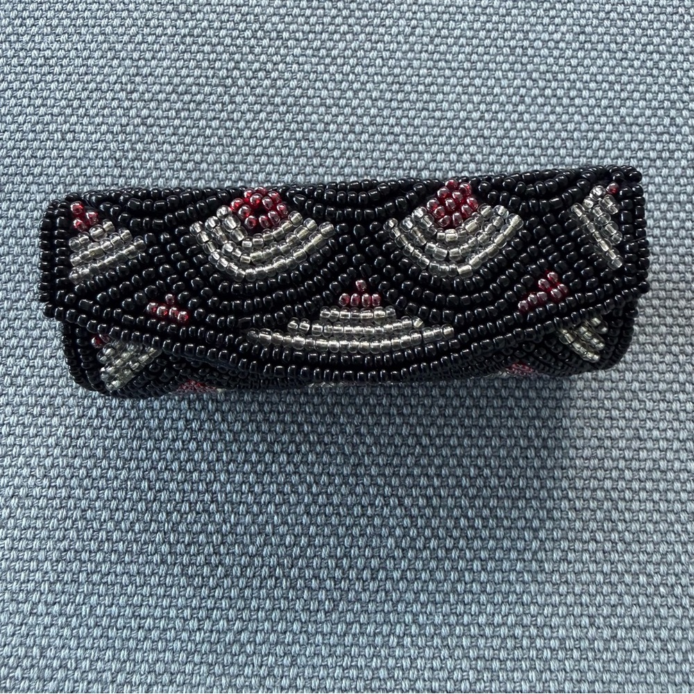 Beaded Black Mirrored Lipstick Case with Silver and Purple Accents